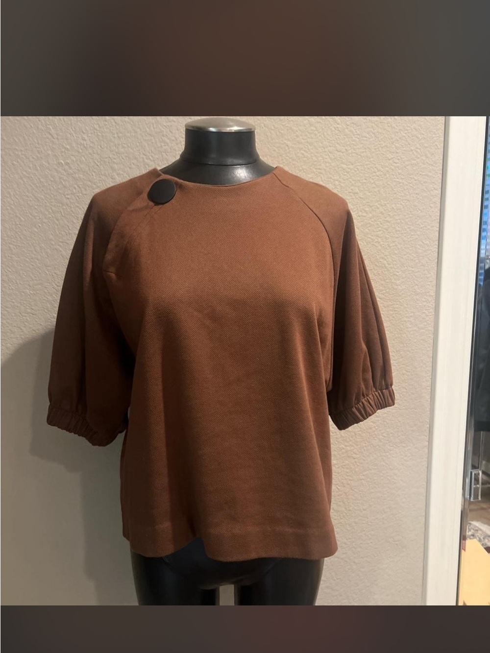 Zara Brown Puff-Sleeve Sweatshirt with Button Accent